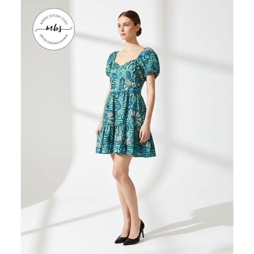 House of Harlow 1960 Smocked Babydoll Linen Blend Lined Floral Mini Dress Blue S